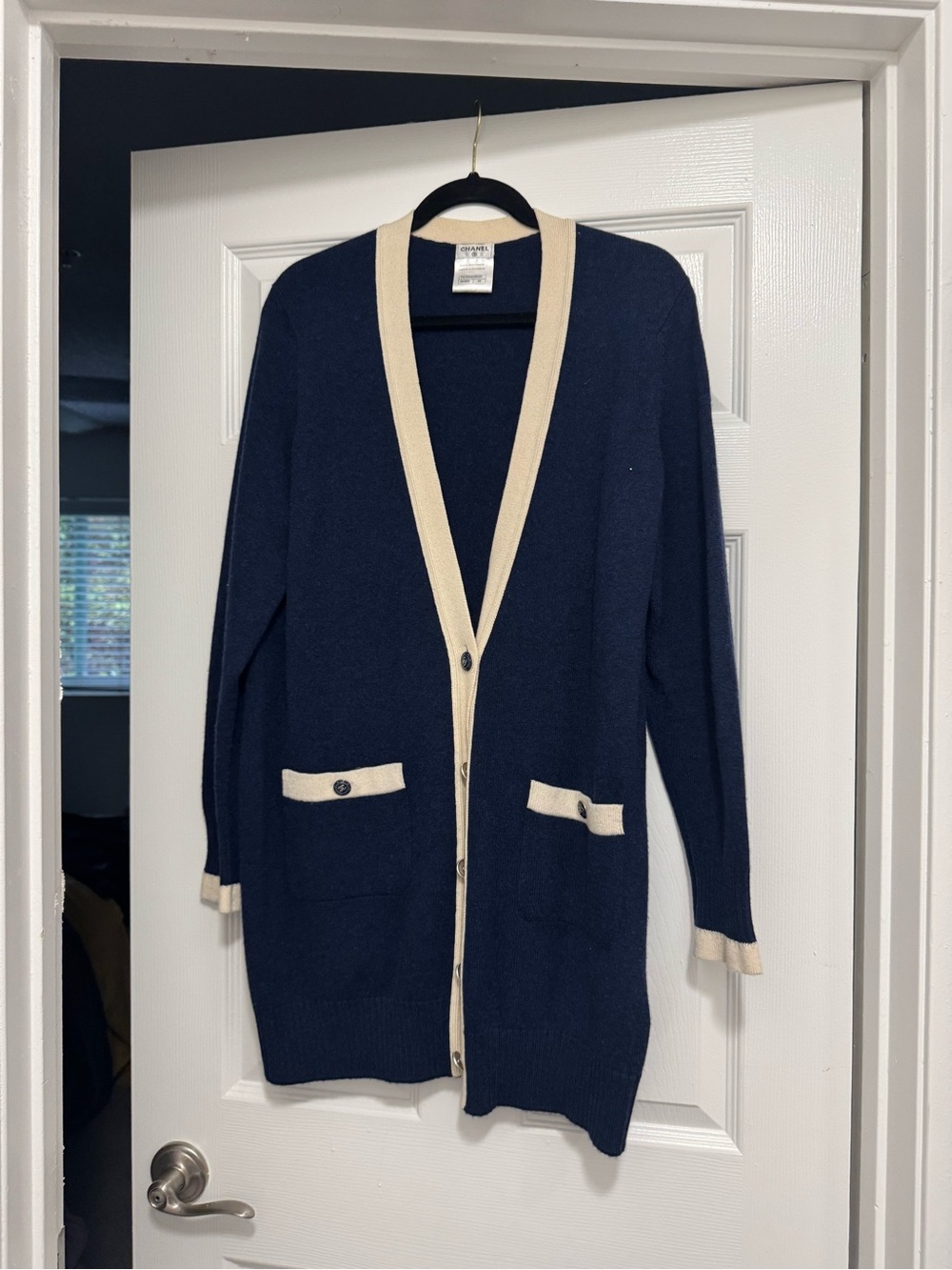 CHANEL Navy and Cream Long Knit Cardigan